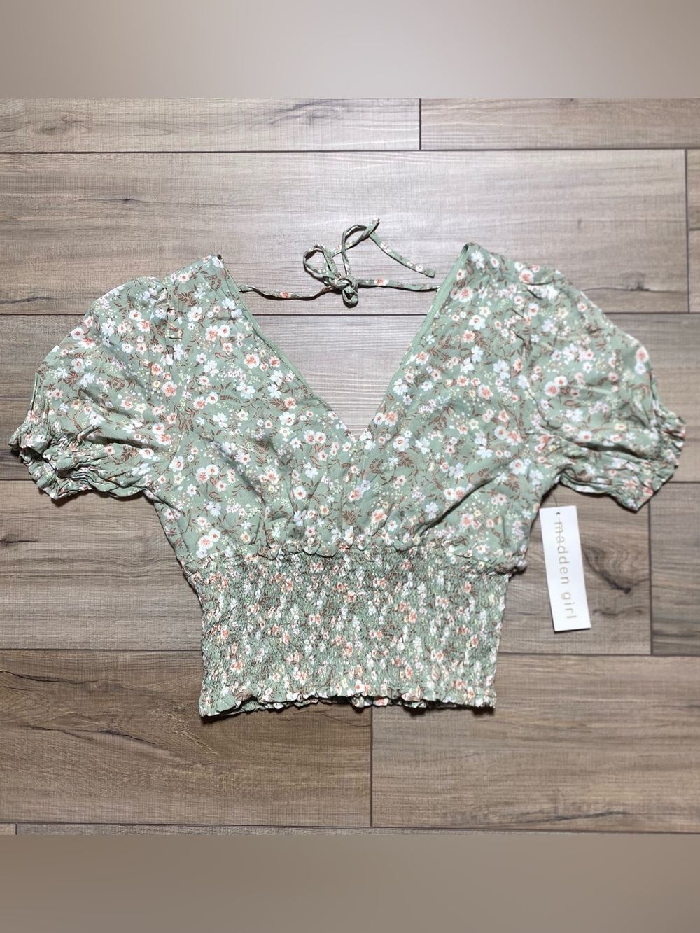Madden Girl Juniors V-Neck Smocked Ditsy Floral Peasant Blouse Size Large Green